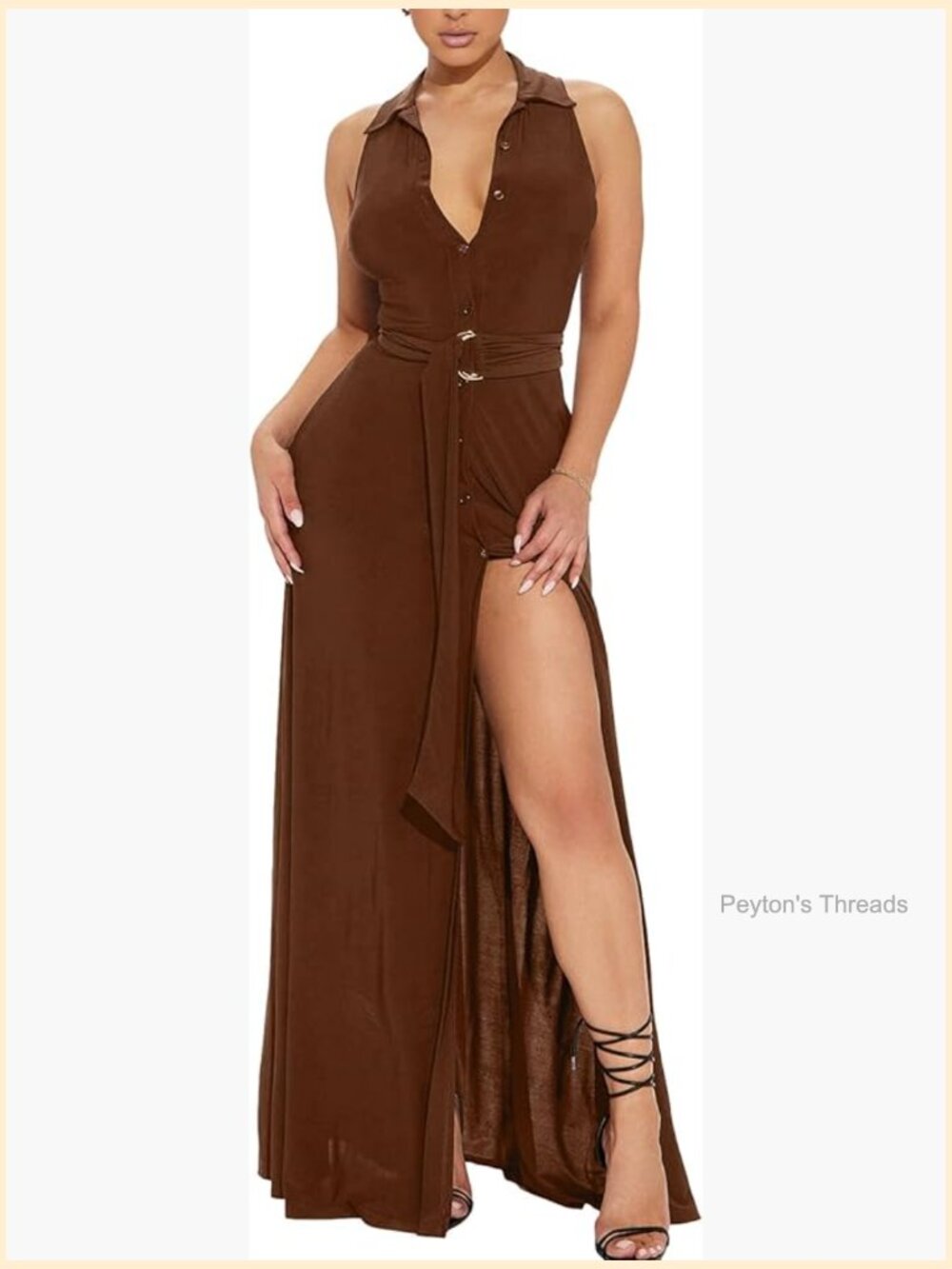 Deep V Neck Sleeveless Collared Button Down High Split Maxi Dress